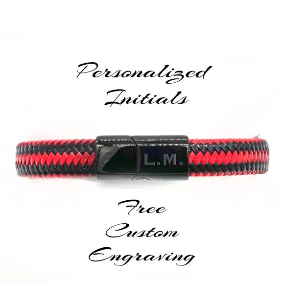 Men’s Bracelet Black & Red Leather with Magnetic Sliding Clasp. - Picture 2 of 5